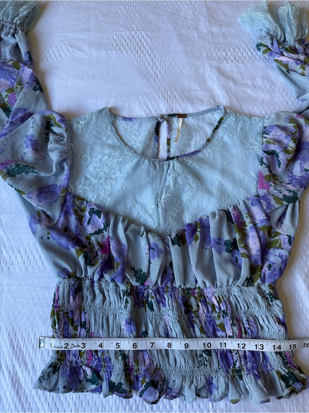 Free People Sheer Lace-Yoke Smocked Floral Blouse in Light Blue - Picture 7 of 11